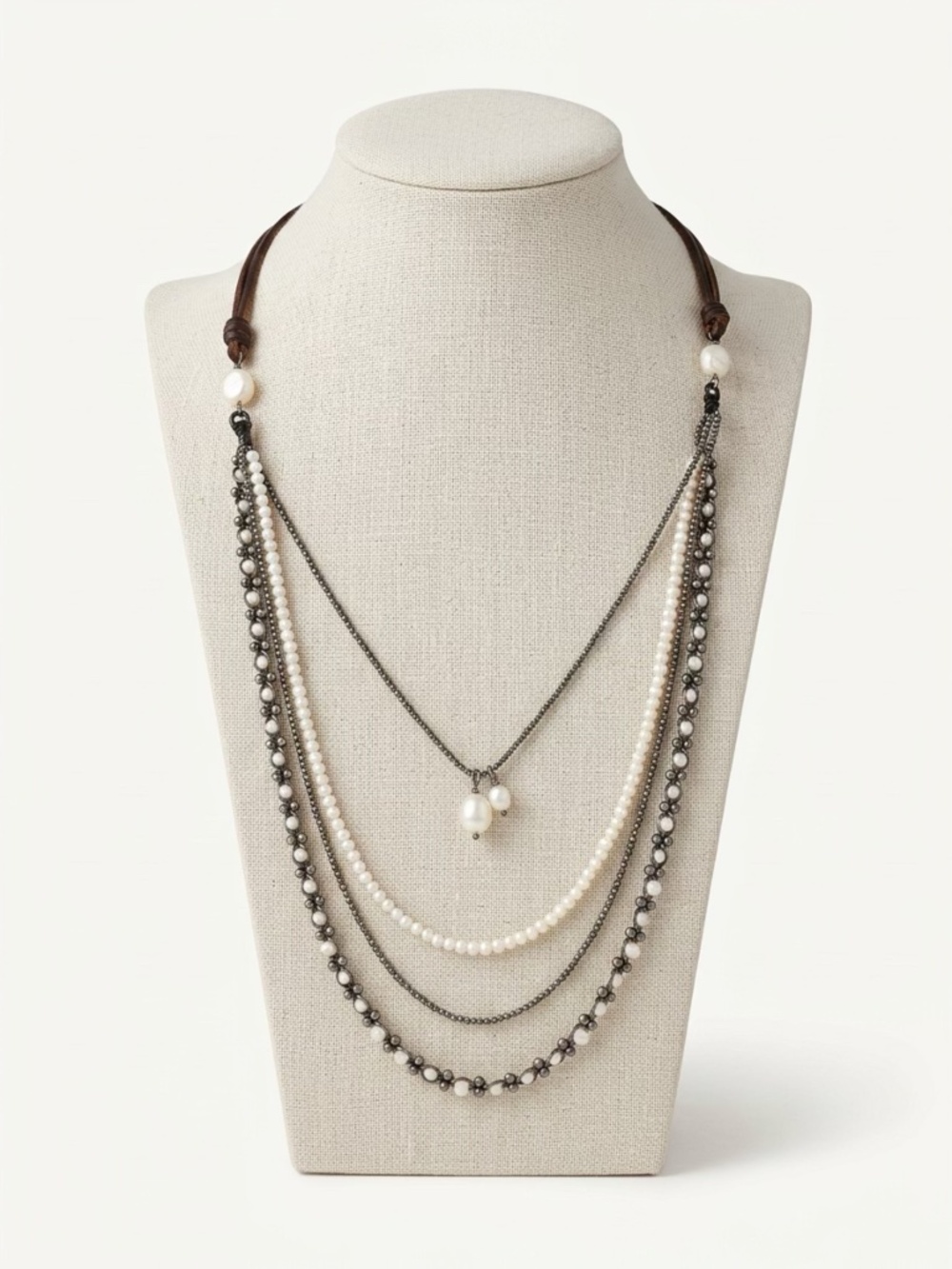 Four Strand, Beaded Pearl and Leather Necklace 34” Long Boho